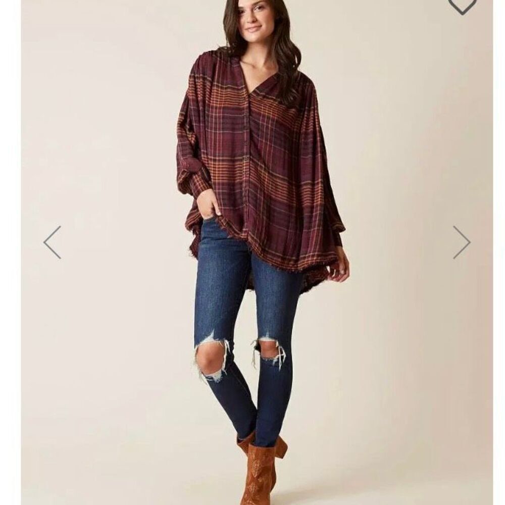 Free People Come On Over Oversized Plaid swing Shirt top Size XS boho lagenlook‎